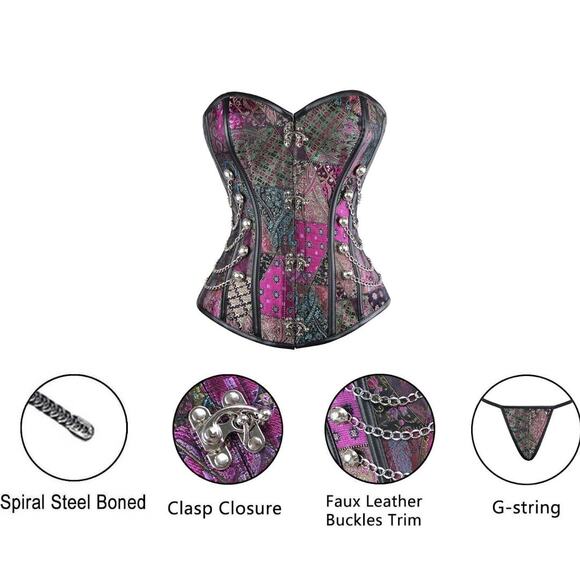 Charmian Womens Vintage Sleeveless Lace Up Plastic Boned Denim Rose Bustier Corset Top